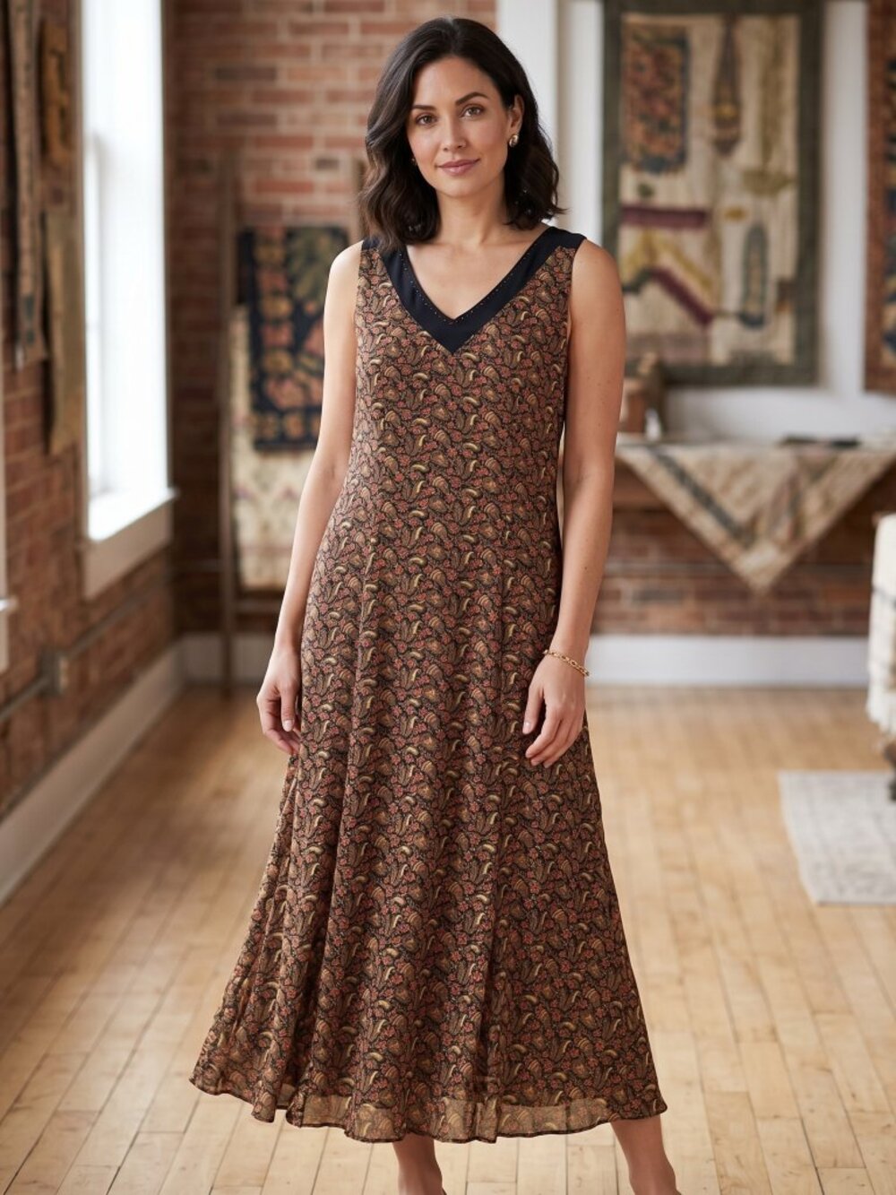 Vintage Y2K, April Cornell Print V-Neck Dress in Black Trim tie back medium
